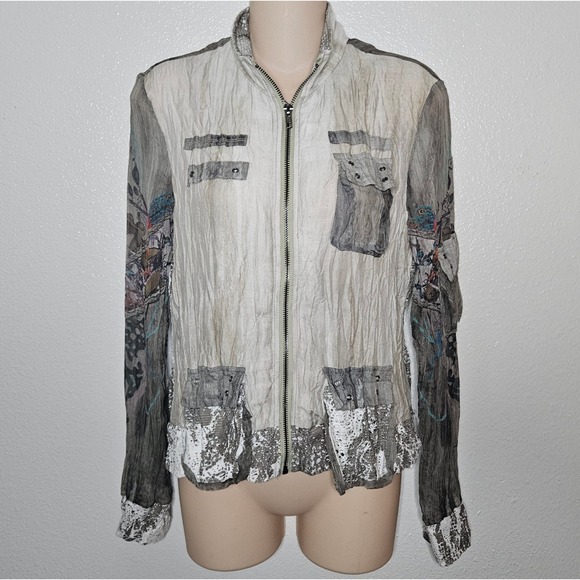 Cativa Jackets & Blazers - Cativa Mixed Media Zip Jacket Lace Graphic Print